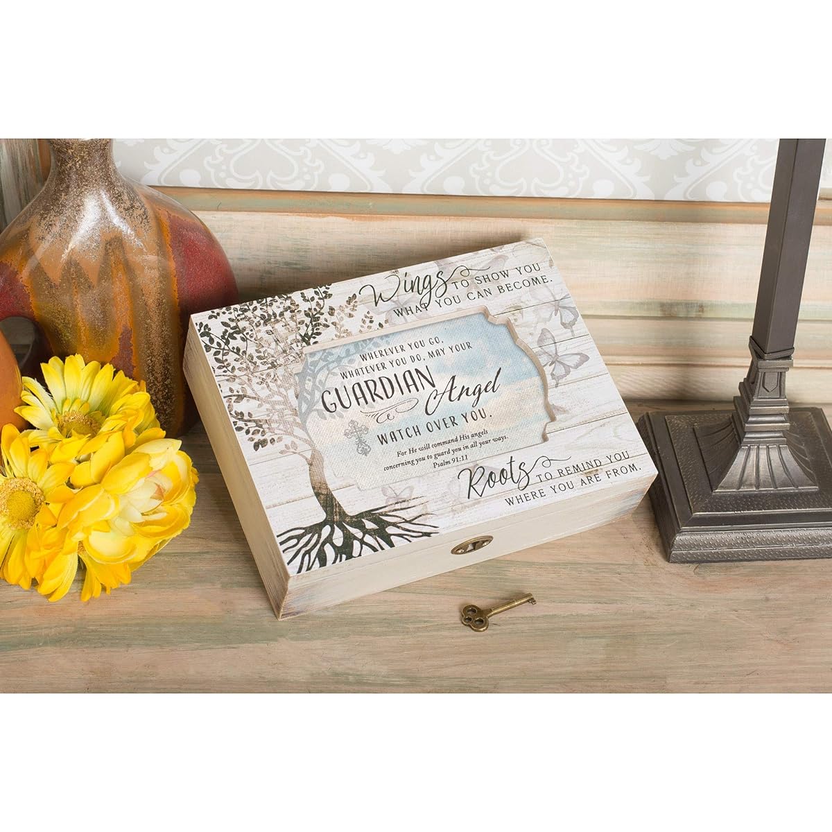 Cottage Garden Guardian Angel Watch Over You Whitewash Butterfly Tree Decoupage Music Box Playing Jesus' Friends
