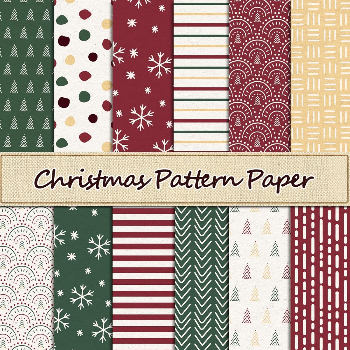 Whaline 24 Sheets Boho Christmas Pattern Paper Red Green Scrapbook Specialty Paper Christmas Tree Snowflake Double Sided Craft Paper for DIY Card Making Photo Album Decoration 11.8 x 11.8 Inch
