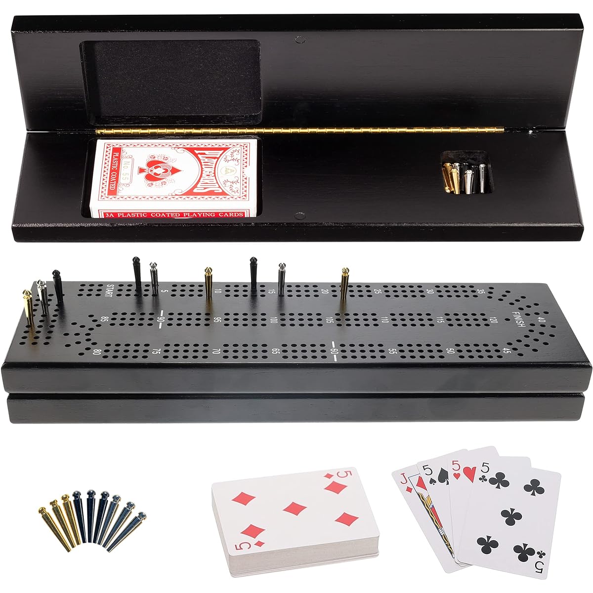 WE Games Cabinet Cribbage Set - Solid Wood - Black Stain - Continuous 3 Track Board Easy Grip Pegs Cards Storage Area
