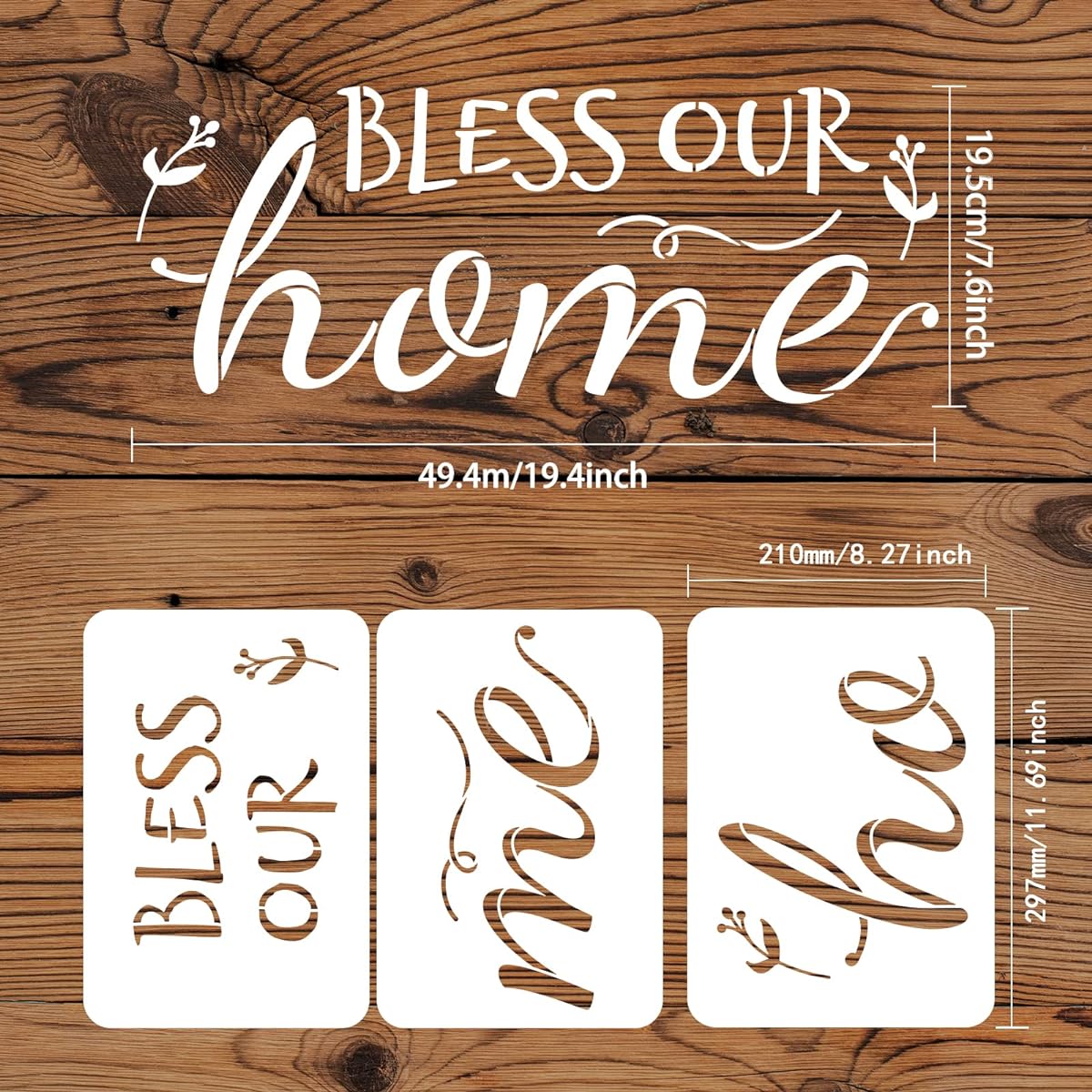 FINGERINSPIRE Bless Our Home Sign Stencil, 11.7x8.3inch Large Home Decor Stencil Template Plastic Letter and Leaf Pattern Stencil Reusable Letter Word Stencils for Wall Wood Porch Sign