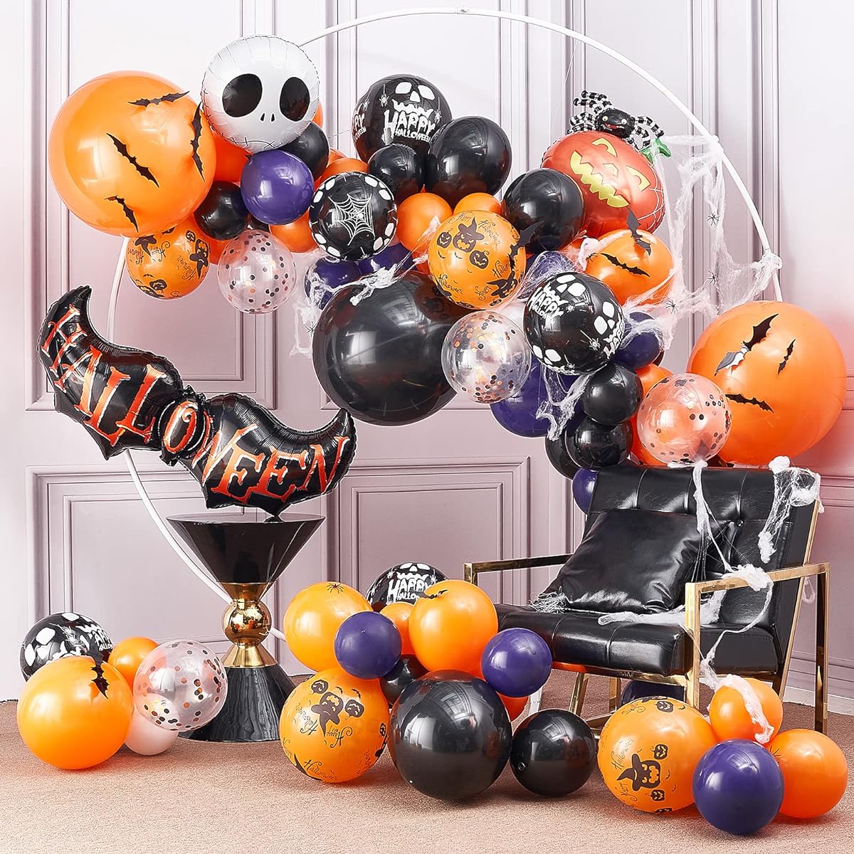 PartyWoo 100pcs Halloween Balloons Halloween Party Decorations Bat Decoration Skeleton Balloon Pumpkin Balloon Spider Web Orange and Black Balloons for Birthday Party Indoor
