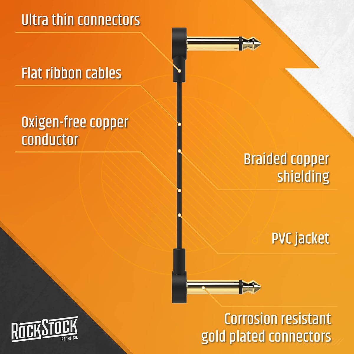 Rock Stock Guitar Flat Patch Cables - 12 Inch C-Shape Effect Pedal Cables - Black with Durable Gold Plated Connectors, Maximize Pedalboard Space (3 Pack)