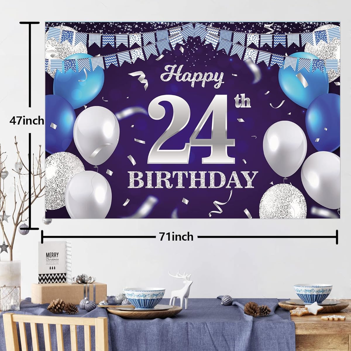 Happy 24th Birthday Banner Backdrop Navy Blue Balloons Confetti Stripes Flags Lights Spots Cheers 24 Years Old Theme Decorations Decor for Women Men 24th Birthday Party Birthday Supplies Glitter Silver