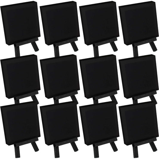 U.S. Art Supply 3" x 3" Stretched Black Canvas 5" Mini Black Wood Display Easel Kit (Pack of 12) Artist Tripod Tabletop Holder Stand Painting Party Kids Crafts Oil Painting Acrylic Paint Signed Photo