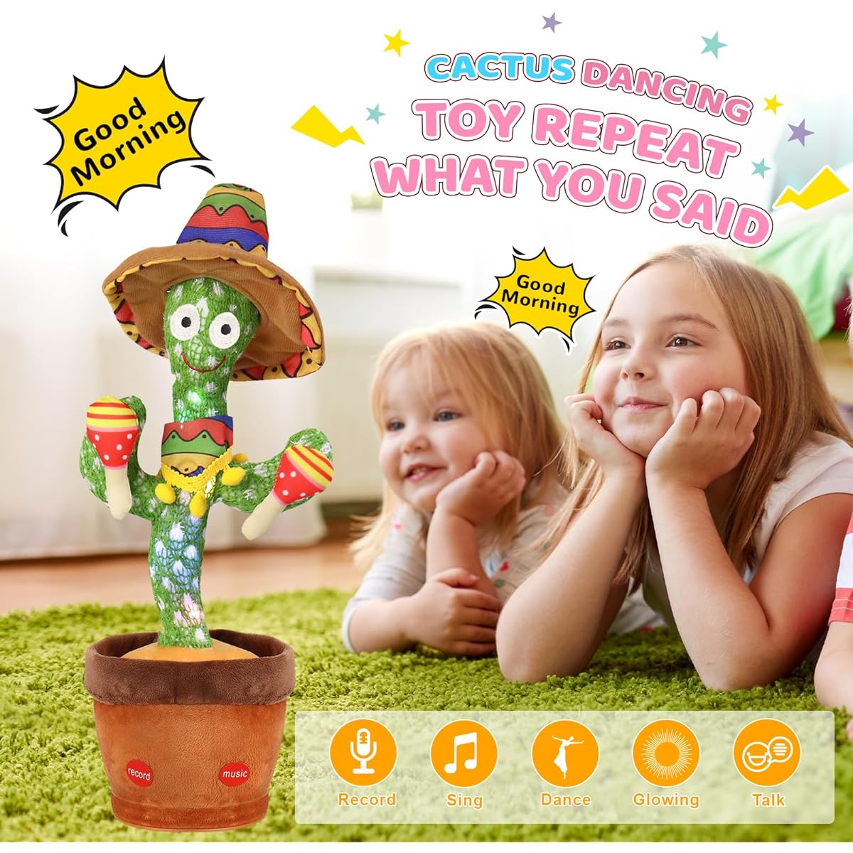 Emoin Talking Cactus Toy, Swinging Dancing Cactus, Repeating Singing, Mimicking Cactus, Plush Toy, Light Up, Electric Shake Toy, for Baby, Boys, Girls