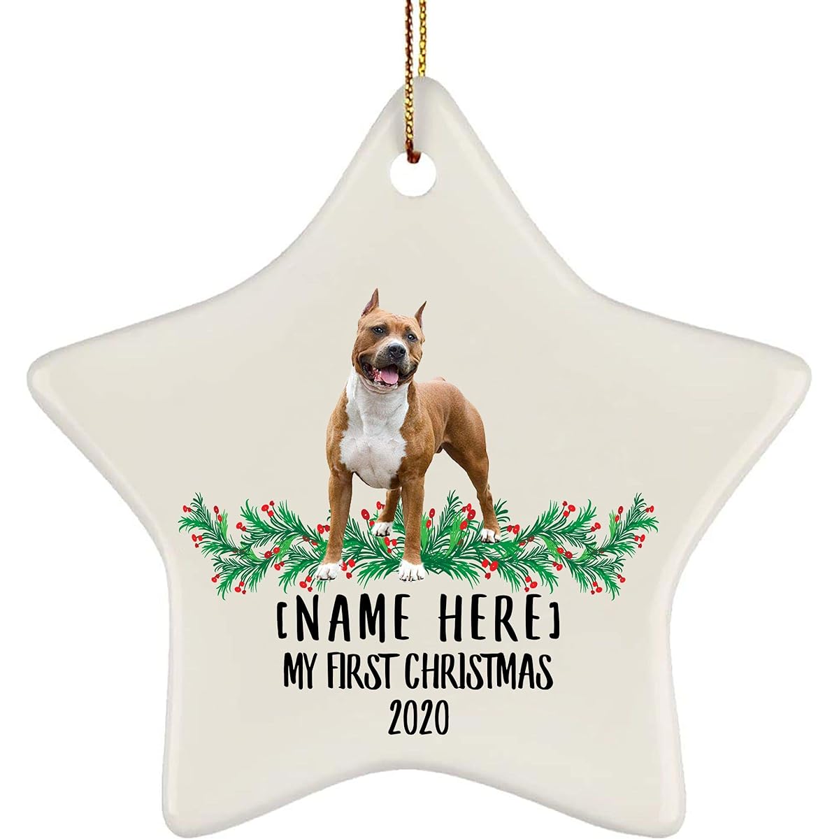 Personalized Name Custom Year American Staffordshire Terrier White Red First 2023 Christmas Tree Ornament New Year 2024 Decoration Gift Star Ceramic White