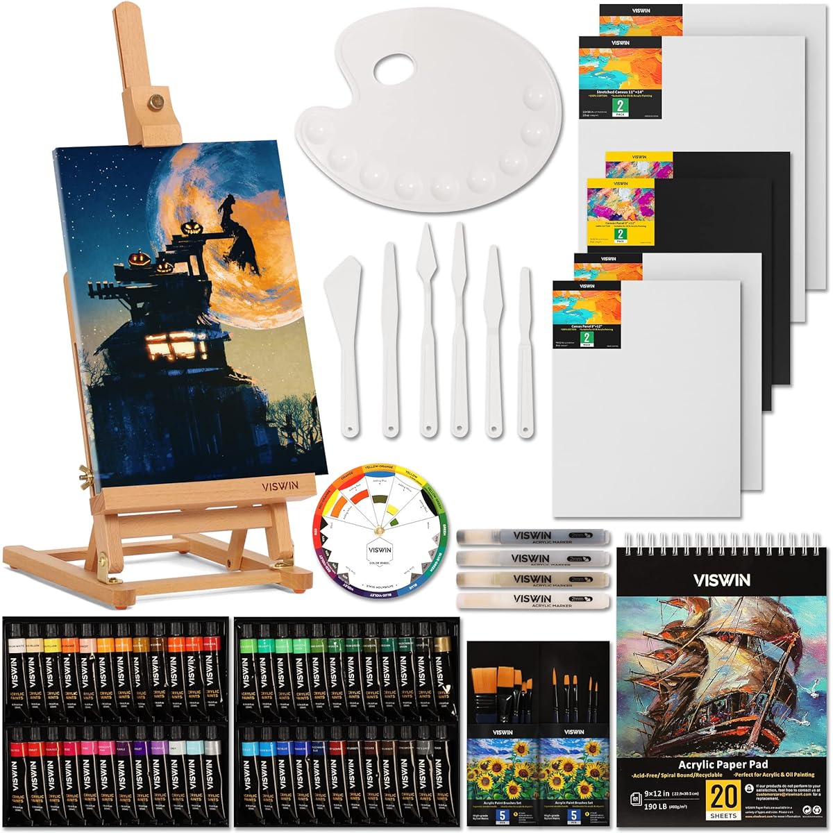 VISWIN Great Deluxe Value Artist Acrylic Paint Set with Beech Wood Table Top Easel