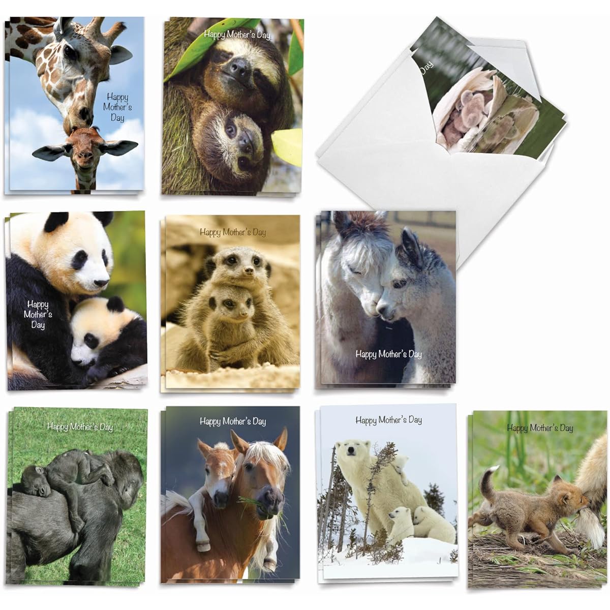 The Best Card Company Mommy Dearest - Assorted Box of 20 Mother's Day Note Cards with Envelopes (4 x 5.12 inches) - Animal Mother Baby AM4961MDG-B2x10