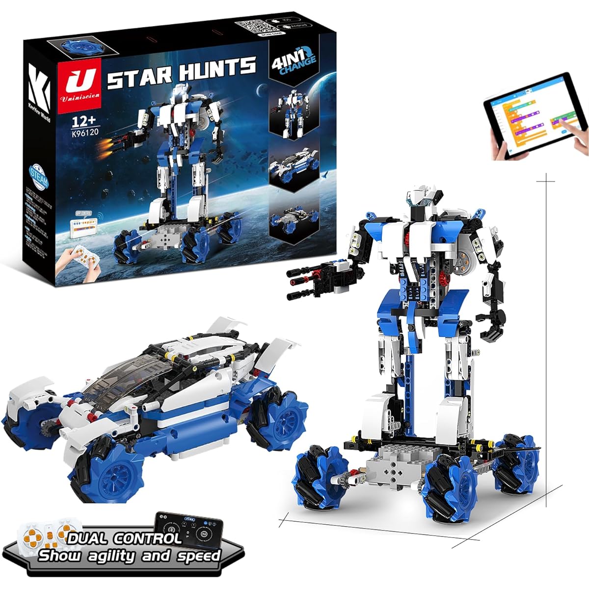 Uniniscien STEM 4-in-1 Building Robot Set Learning Educational Coding Robot Kit Support Scratch Arduino Programming Remote Control Space Warrior Gift for Ages 8+
