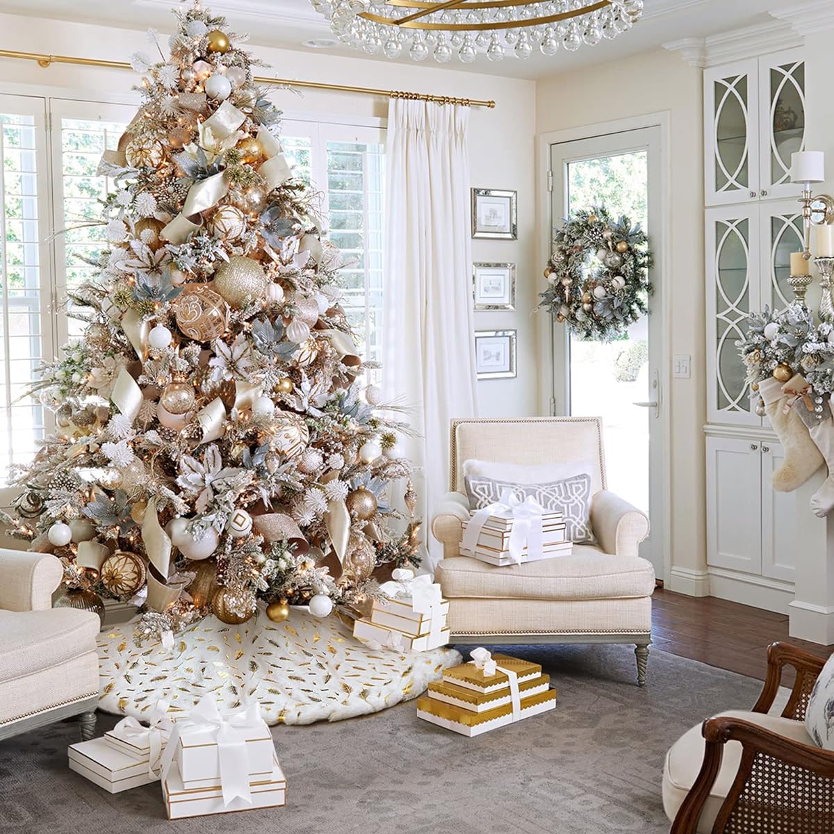 NIBESSER White Christmas Tree Skirt, 48 Inch Faux Fur Tree Skirt Sequin Tree Carpet Mat with Gold Feathers Plush Tree Base Cover Christmas Decorations for New Year Party Holiday Christmas Ornaments