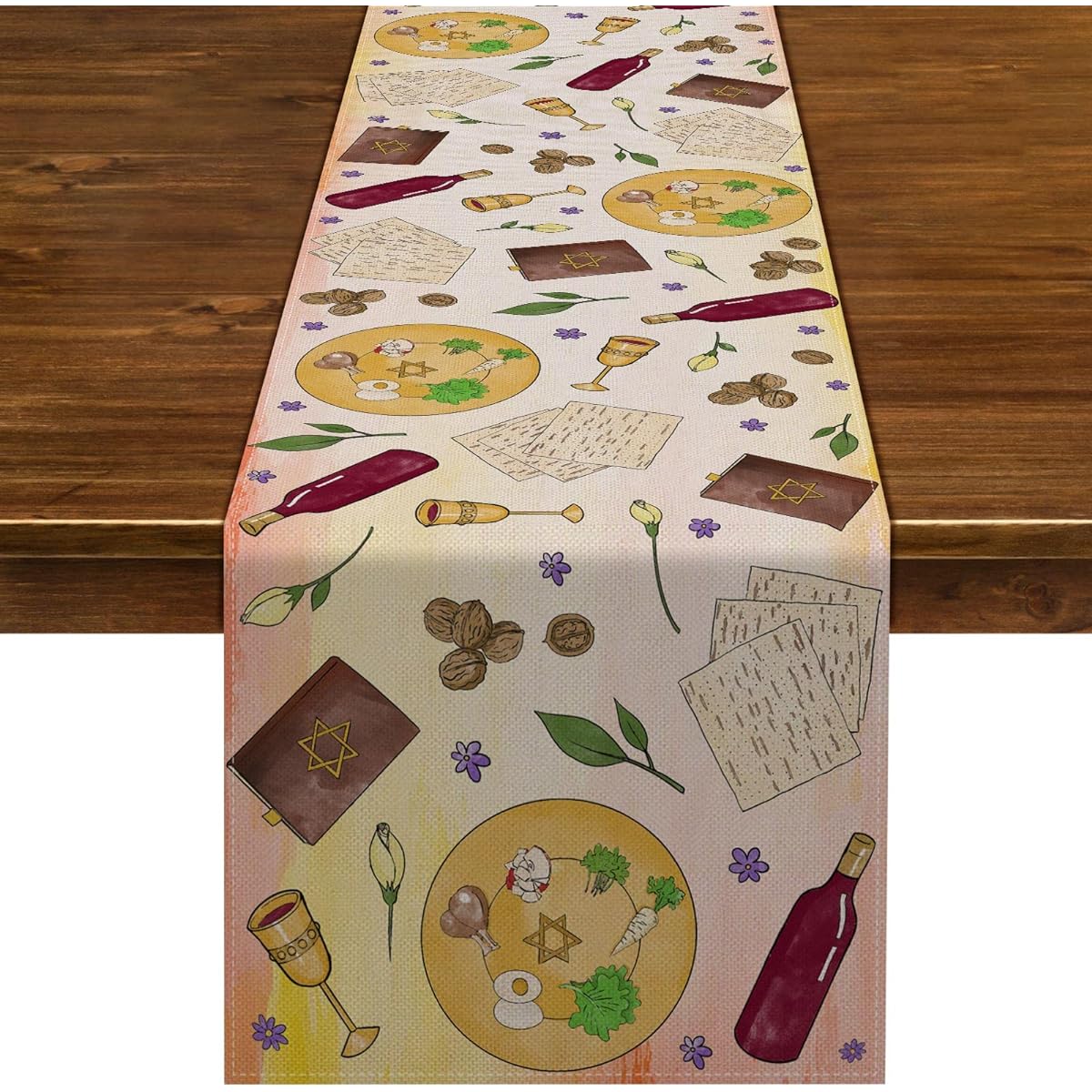 Nepnuser Linen Watercolor Passover Table Runner Pesach Jewish Seder Matzah Home Dining Room Kitchen Table Decoration
