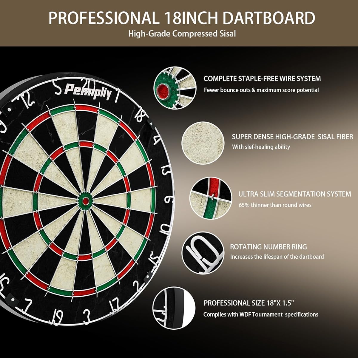 Pennpliy Bristle Dartboard Set for Adults - Professional 18" Steel Tip Outdoor Dartboard Set - Premium Compressed Sisal Metal Wire Board with Rotating Number Rings and 6 18g Darts