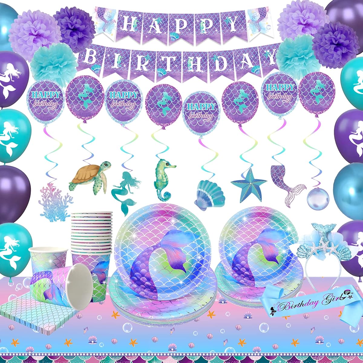 Nalyee Mermaid Party Supplies (Serves 16) Complete Mermaid Birthday Party Supplies Mermaid Birthday Party Decorations for Girls Under the Sea Mermaid Party Decorations
