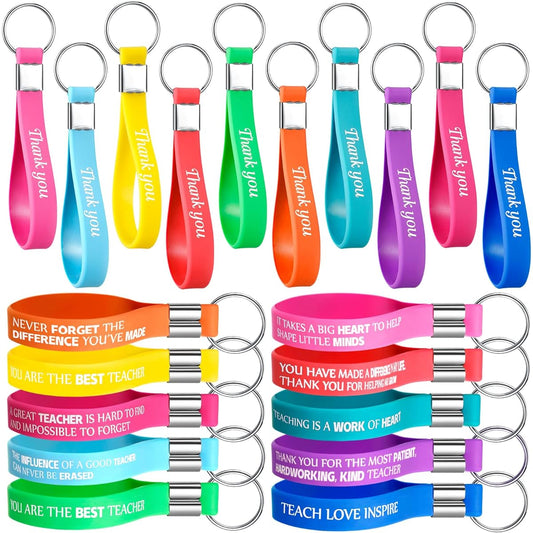 20pcs Teacher Appreciation Gift Silicone Wristband Inspirational Quote Keychain Birthday Retirement Teacher's Day Graduation Gift Motivational Teacher Key Bracelet Bulk Multicolor Wrist Strap, As Picture. , 5 x 1 inches in total