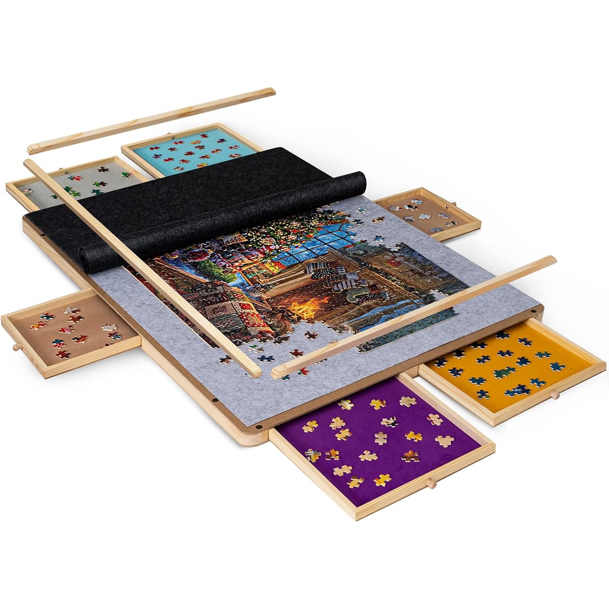 Lavievert Detachable Frame Design! Portable Wooden Jigsaw Puzzle Board/Plateau/Table with Removable Protective Bar, 2 Cover Mats, 6 Color Drawers and Smooth Surface Fits Puzzles up to 1500 Pieces
