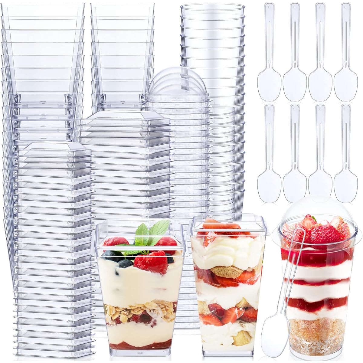 150 Pieces Mini Dessert Cups with Spoons 5oz 3oz Plastic Appetizer Cups Clear Pudding Cups Parfait Cups with Lid Shooter Cups Banana Pudding Containers for Party Desserts 3 Styles
