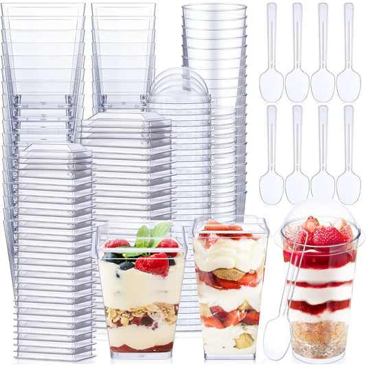 150 Pieces Mini Dessert Cups with Spoons 5oz 3oz Plastic Appetizer Cups Clear Pudding Cups Parfait Cups with Lid Shooter Cups Banana Pudding Containers for Party Desserts 3 Styles