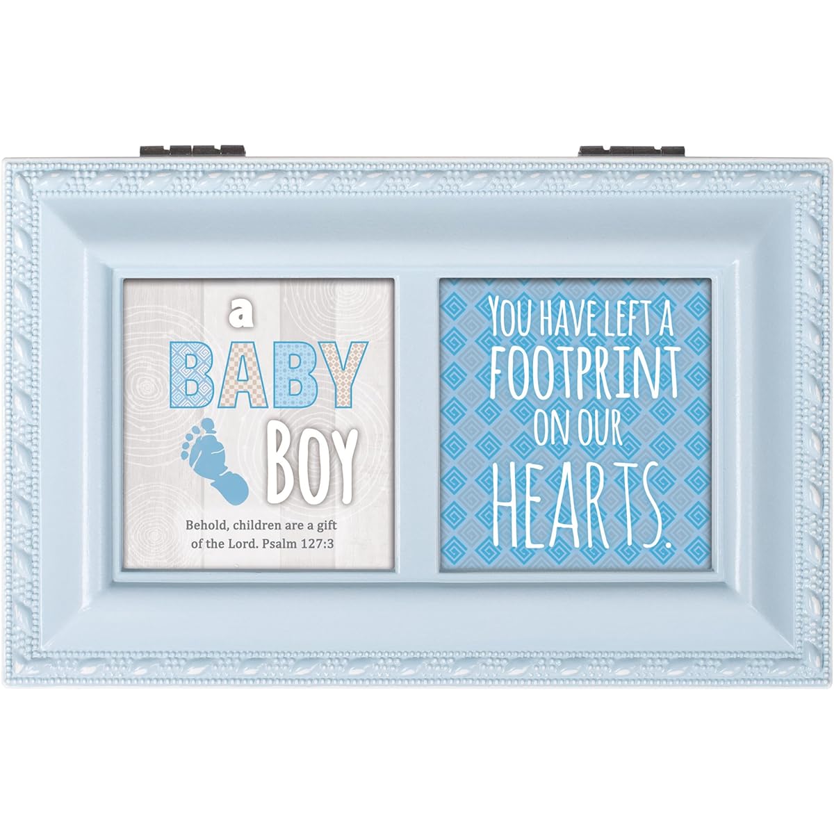 Baby Boy Footprints on Hearts Distressed Blue Petite Music Box Plays Jesus Loves Me