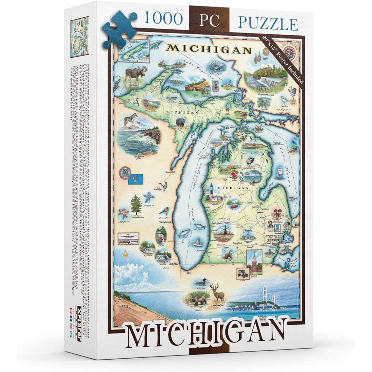 Xplorer Map 1000 Piece Michigan Cardboard Jigsaw Puzzle - Educational Jigsaw Puzzles Regions National Parks Tourist Landmarks for Adults and Teens