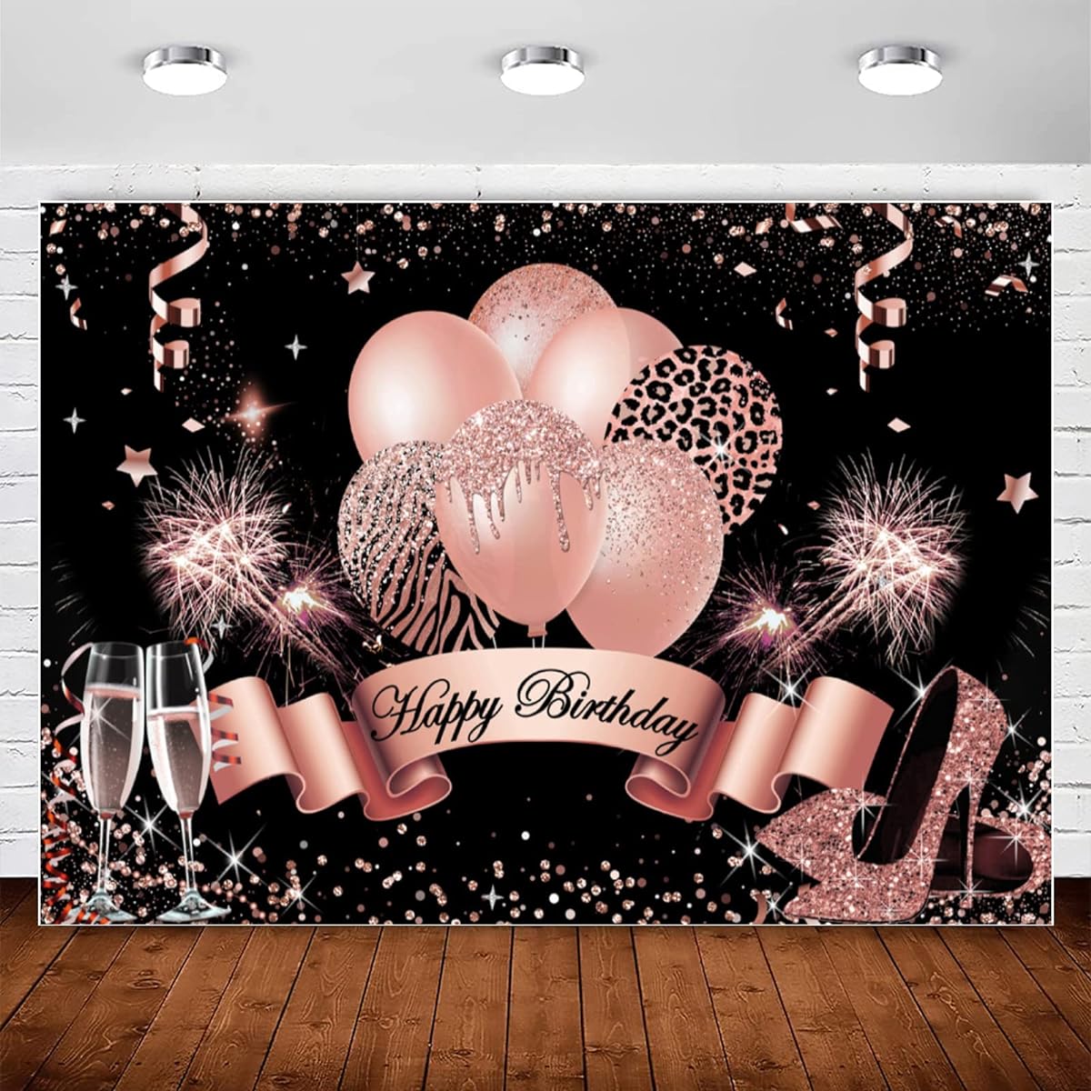 InMemory Rose Gold Birthday Backdrop for Women Girls Happy Birthday Photo Background with Glitter Balloons Champagne Heels Black Gold Sequins Dot Decorations Sweet Birthday Party Photo Booth Banner 7x5ft
