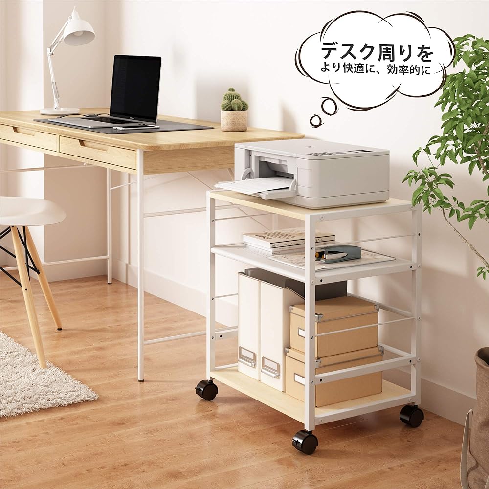 DEVAISE Printer stand with casters, side wagon, desk wagon, printer rack, under desk storage, convenient to move, width 52, depth 40, height 63 cm, under desk storage shelf, wooden, sleeve desk, slim office wagon, desk wagon, natural