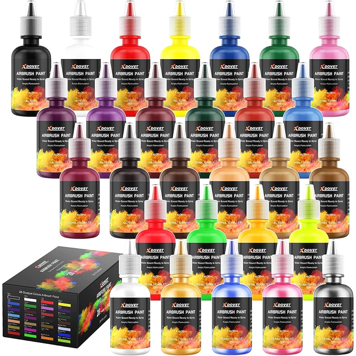 XDOVET Airbrush Paint, 28 Colors Airbrush Paint Set (30ml/1oz) Ready to Spray, Opaque & Neon Colors, Water-Based Premium Acrylic Airbrush Paint Kit for Beginners/Hobbyists/Artists