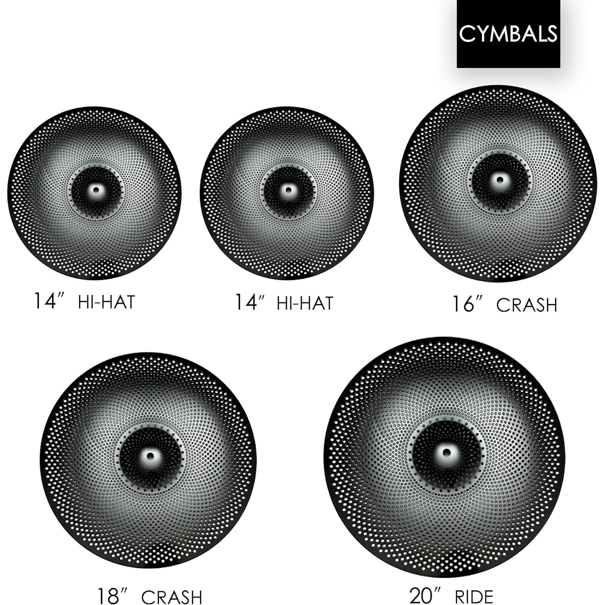 Low Volume Cymbal Pack, Quiet Cymbal Set 14"/16"/18"/20" (5 Pieces Black) | Includes Free Cymbal Bag