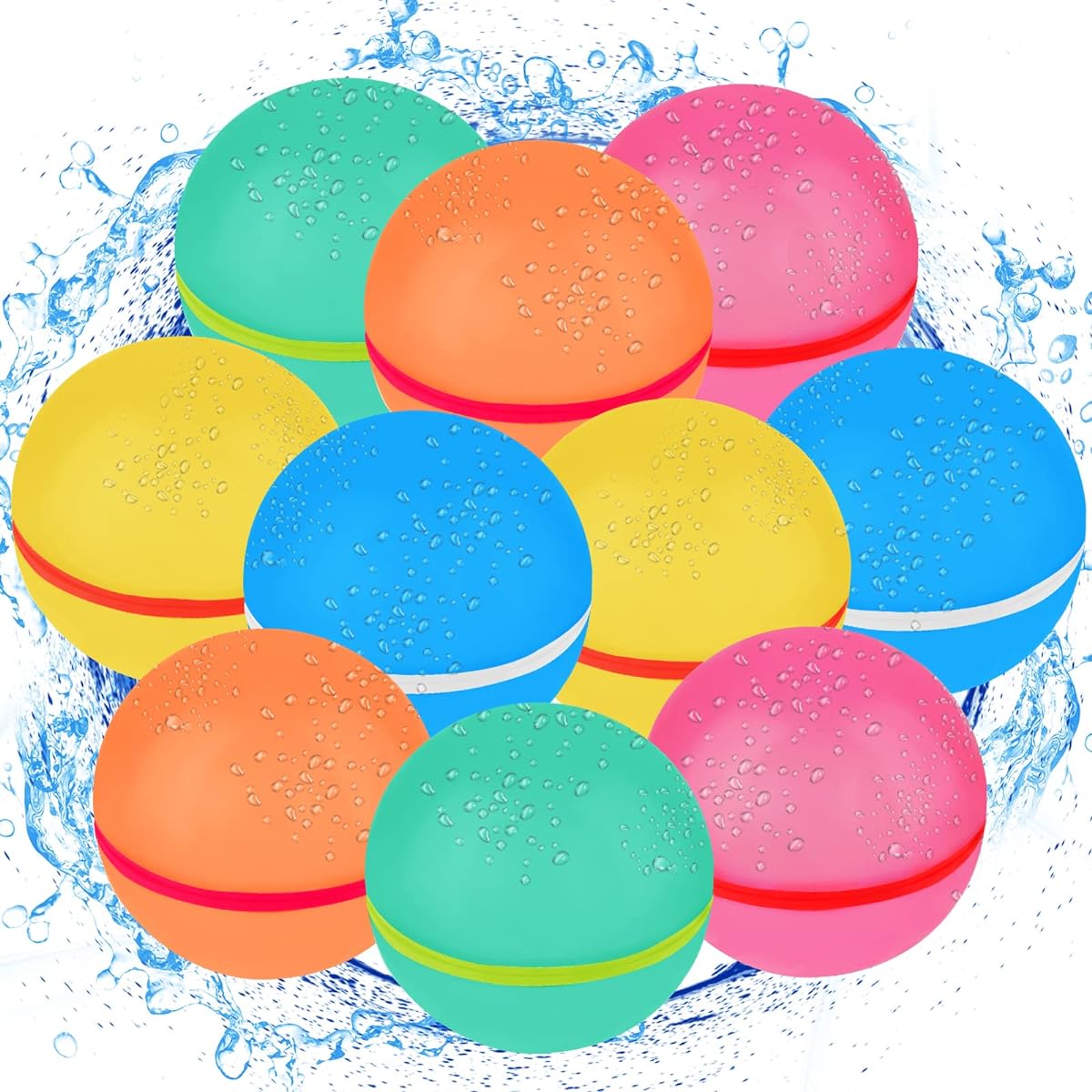 Hamsoo Reusable Water Balloons, Refillable Water Ball Pool Toys, Magnetic Silicone Self Sealing Quick Fill Splash Balls for Kids, Adults, Outdoor Party Supplies - 10pcs