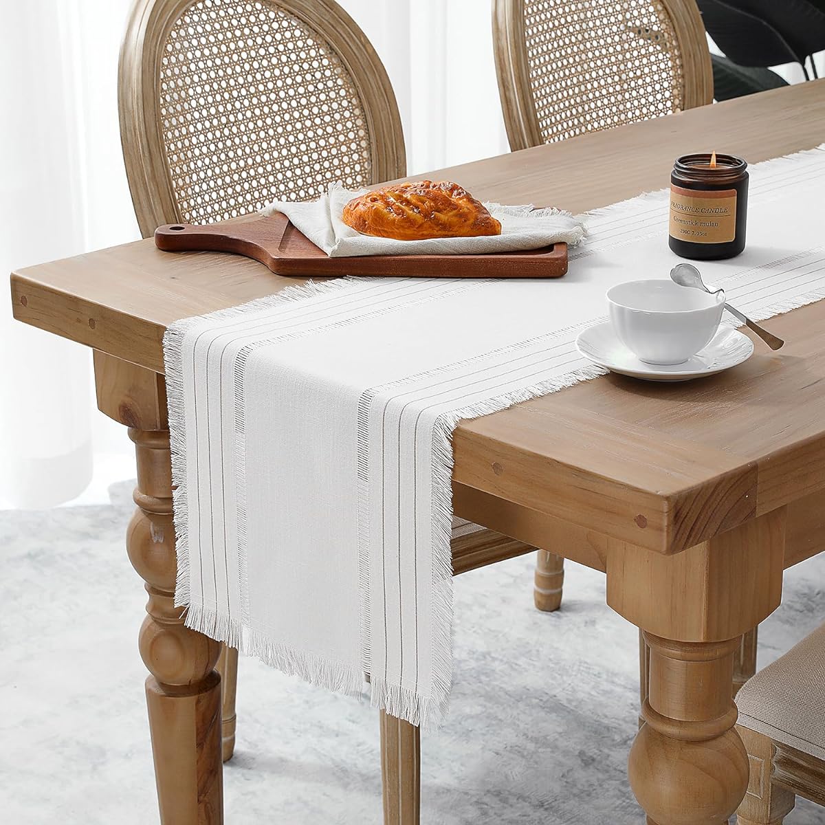 Inrarely 14 x 108 Inch Farmhouse Table Runner, 9 Feet Long Bohemian Hemstitch Table Runner with Tassels for Dining Room Kitchen Console TV Stand Dresser Decor, Cream