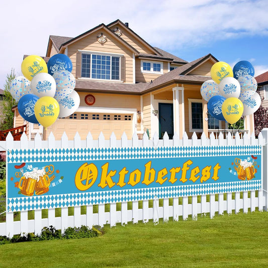 Arosche Oktoberfest Banner 120" x 48" with 16 Balloons, German Bavarian Beer Festival Oktoberfest Yard Signs Party Supplies Hanging Welcome Banner for Indoor Outdoor Yard Lawn Balcony Home Decoration