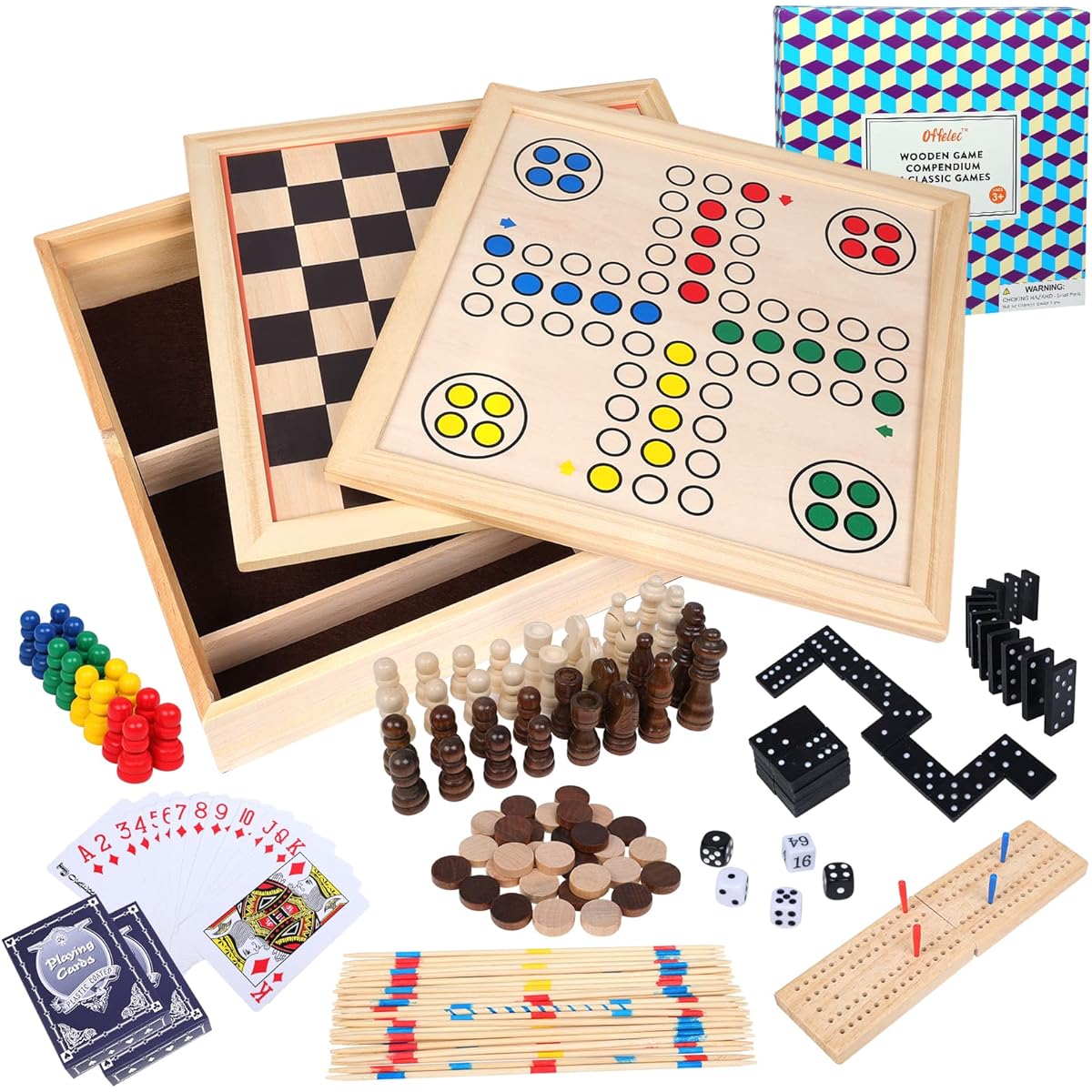 Offelec 9 in 1 Wooden Board Classic Game Set Chess Checkers Backgammon Ludo Nine Men Morris Domino Playing Cards Cribbage Pick Up Sticks Great for Kids and Adults