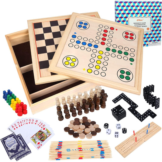Offelec 9 in 1 Wooden Board Classic Game Set Chess Checkers Backgammon Ludo Nine Men Morris Domino Playing Cards Cribbage Pick Up Sticks Great for Kids and Adults