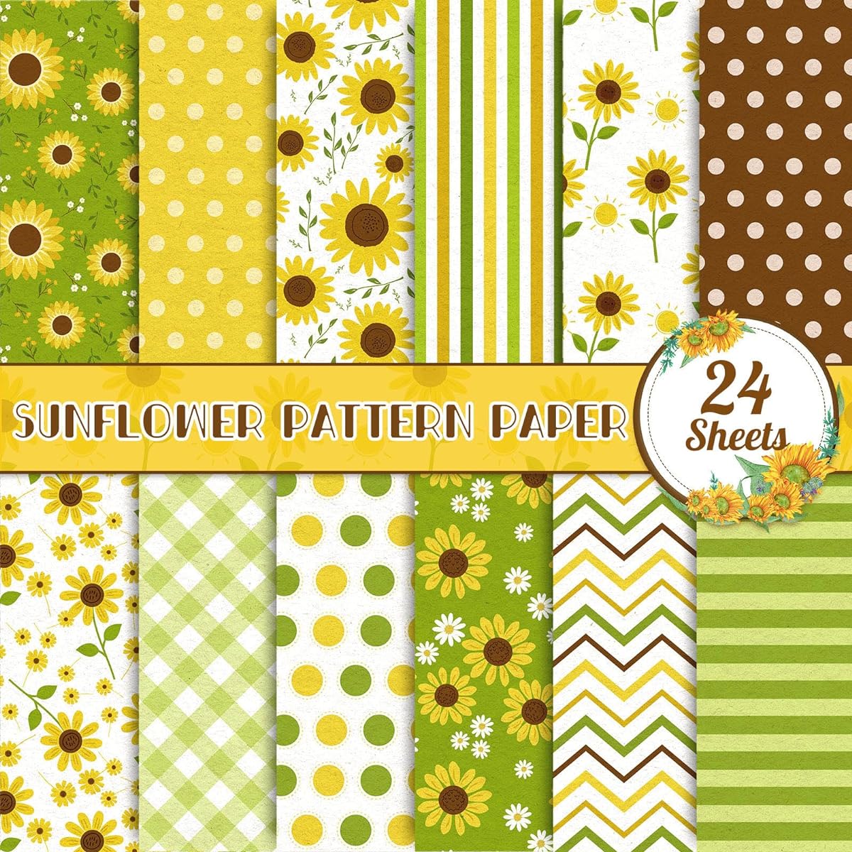 Whaline 24 Sheets Sunflower Paper Pack Floral Scrapbook Specialty Paper Double Sided Collection Decorative Craft Paper for Card Making Scrapbooking Photo Album Decor, 11.8x11.8 Inch
