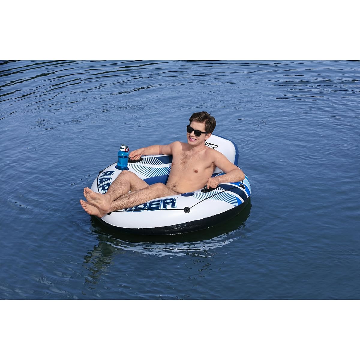 Bestway 43116E Hydroforce RapidRider Inflatable River Lake Pool Inner Tube Float with Backrest and Wraparound Grab Rope, Blue & White