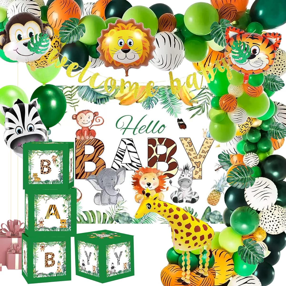 HIPEEWO Safari Baby Shower Decorations - Jungle Theme Party Supplies with Leaves, Box, Banner, Backdrop, Balloon Garland Arch, Welcome Baby Animals, Gender, Birthday Party Decor for Boy/Girl