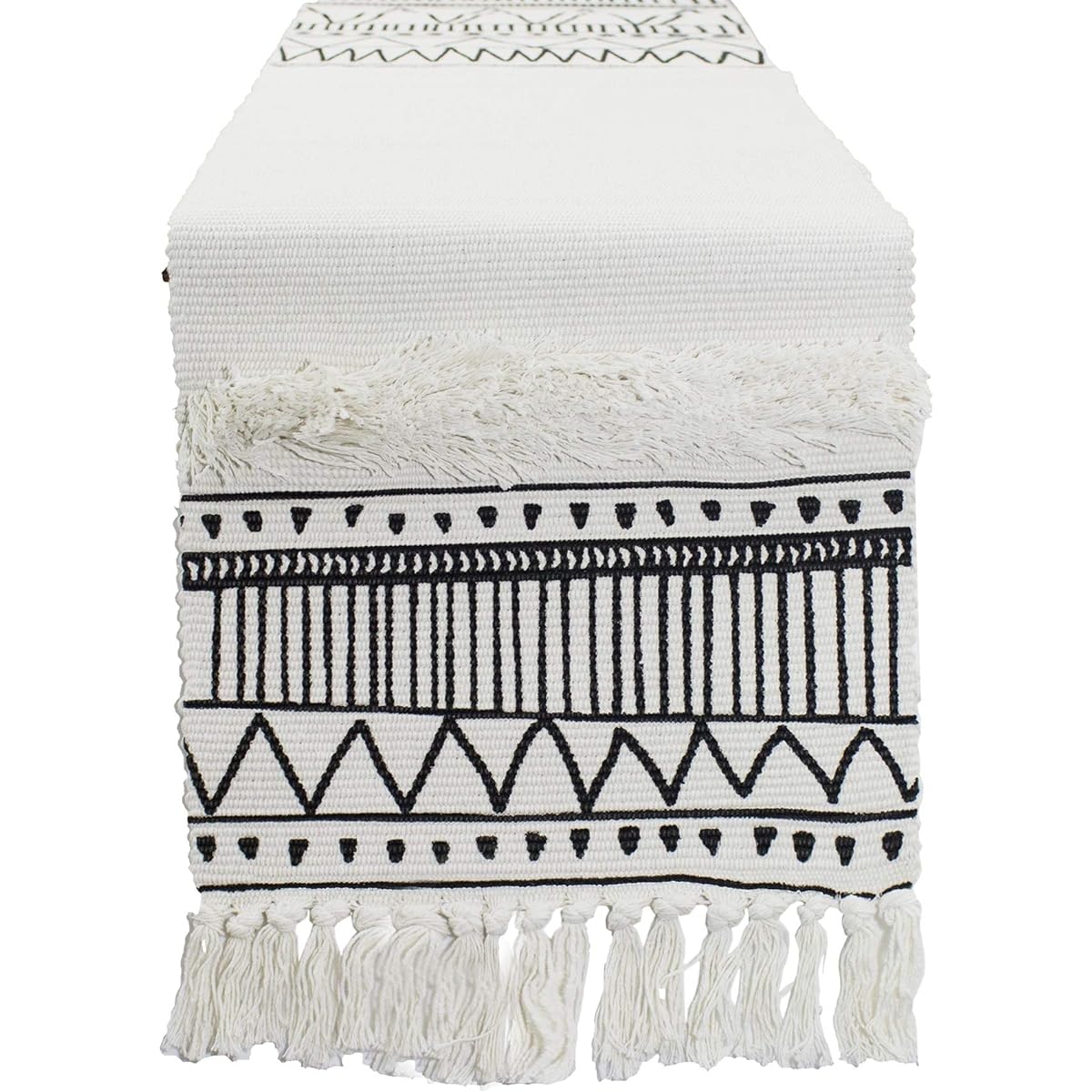 Fenneco Styles Ivory Boho Tribal Textured Table Runner with Tassels (14" x 102" Table Runner Table Runner Table Runner)