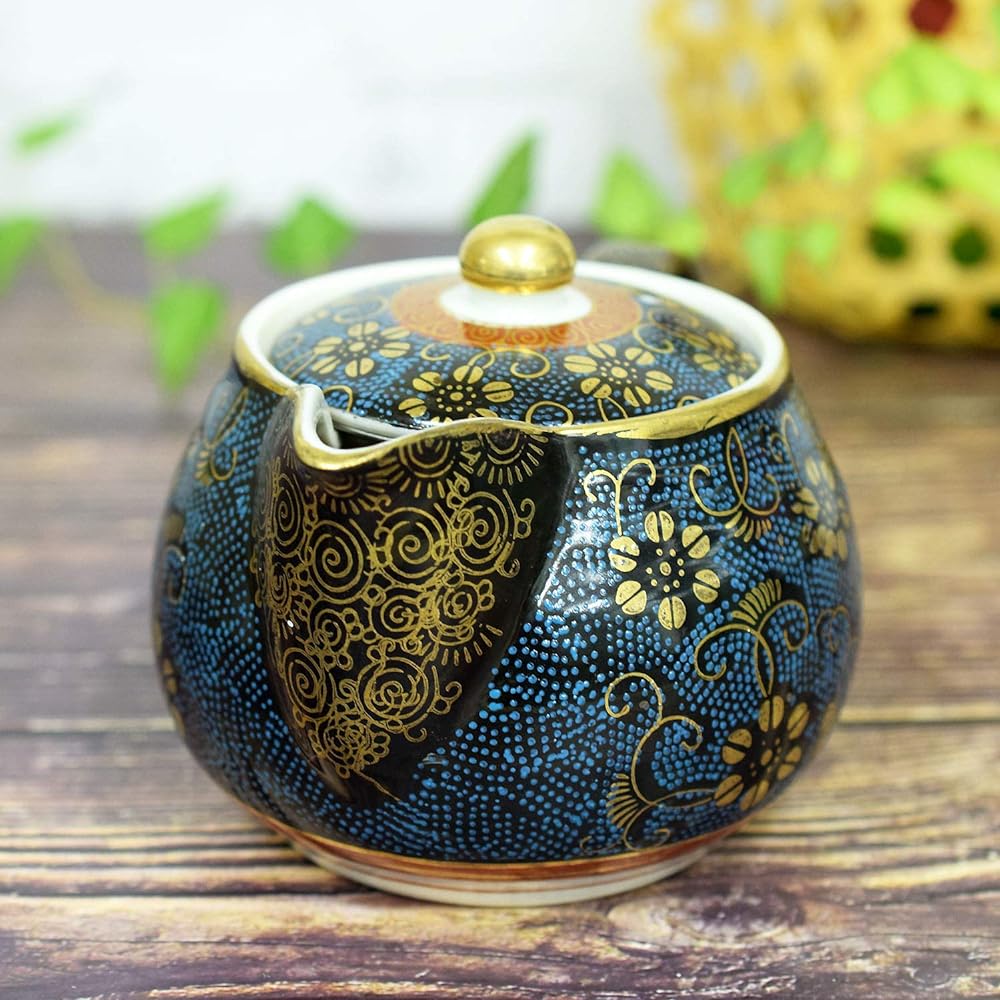 [With easy-to-clean tea strainer net] Kutani ware pot, teapot, blue-grain iron porcelain, Japanese tableware, tea utensils, made in Japan