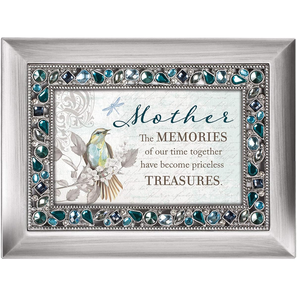 Mother Memories Treasures Brushed Silver Tone Blue Jeweled Music Box Wind Beneath Your Wings