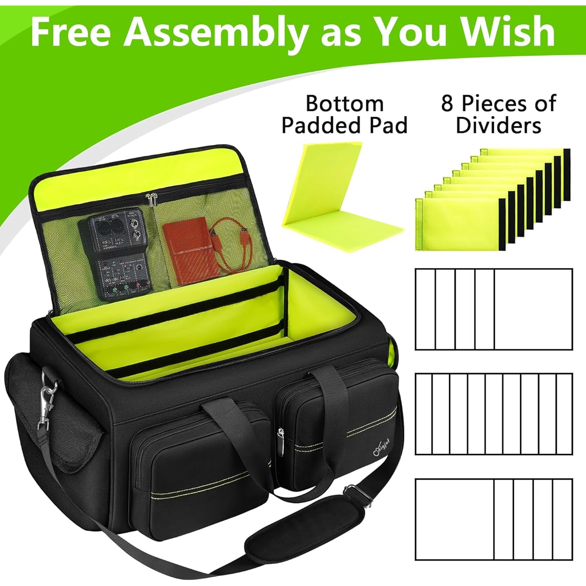 DJ Bag with 8 Removable Dividers Large Capacity DJ Cable Bag 6 Pockets Extension Cords Microphone Pedals Cable Bag for Musicians DJ Equipment Gig Bag with Padded Shoulder Strap Hyper Green, Black, Hyper Green, Modern