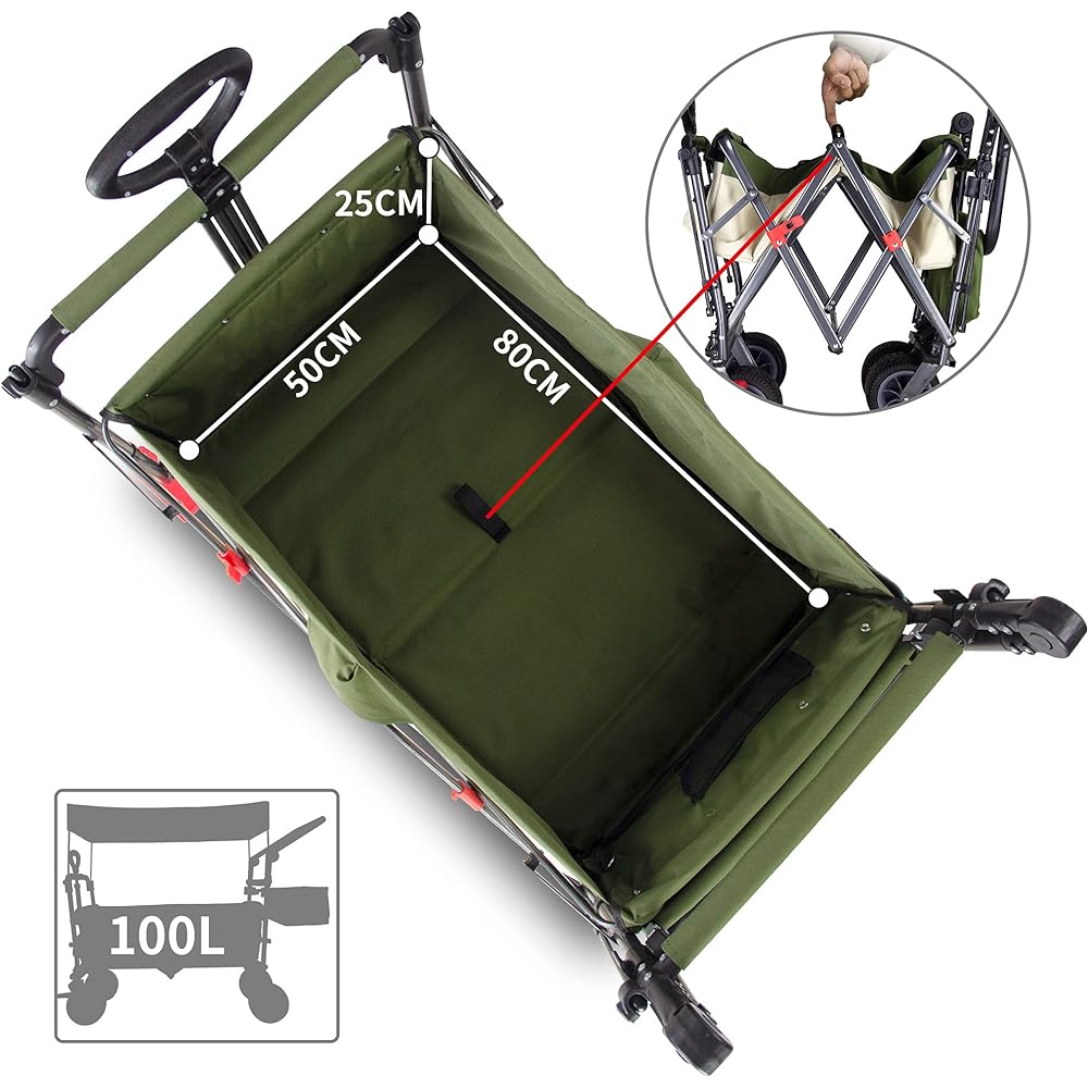 TMZ Folding All Terrain Garden Vehicle, Outdoor Camping Camping Vehicle, Removable Roof, Telescoping Pull Rod, Multi-Speed Adjustable Push Rod, Patented Rear Wheel Swivel Folding Vehicle, 100L Max Load 120KG (Beige/Green )