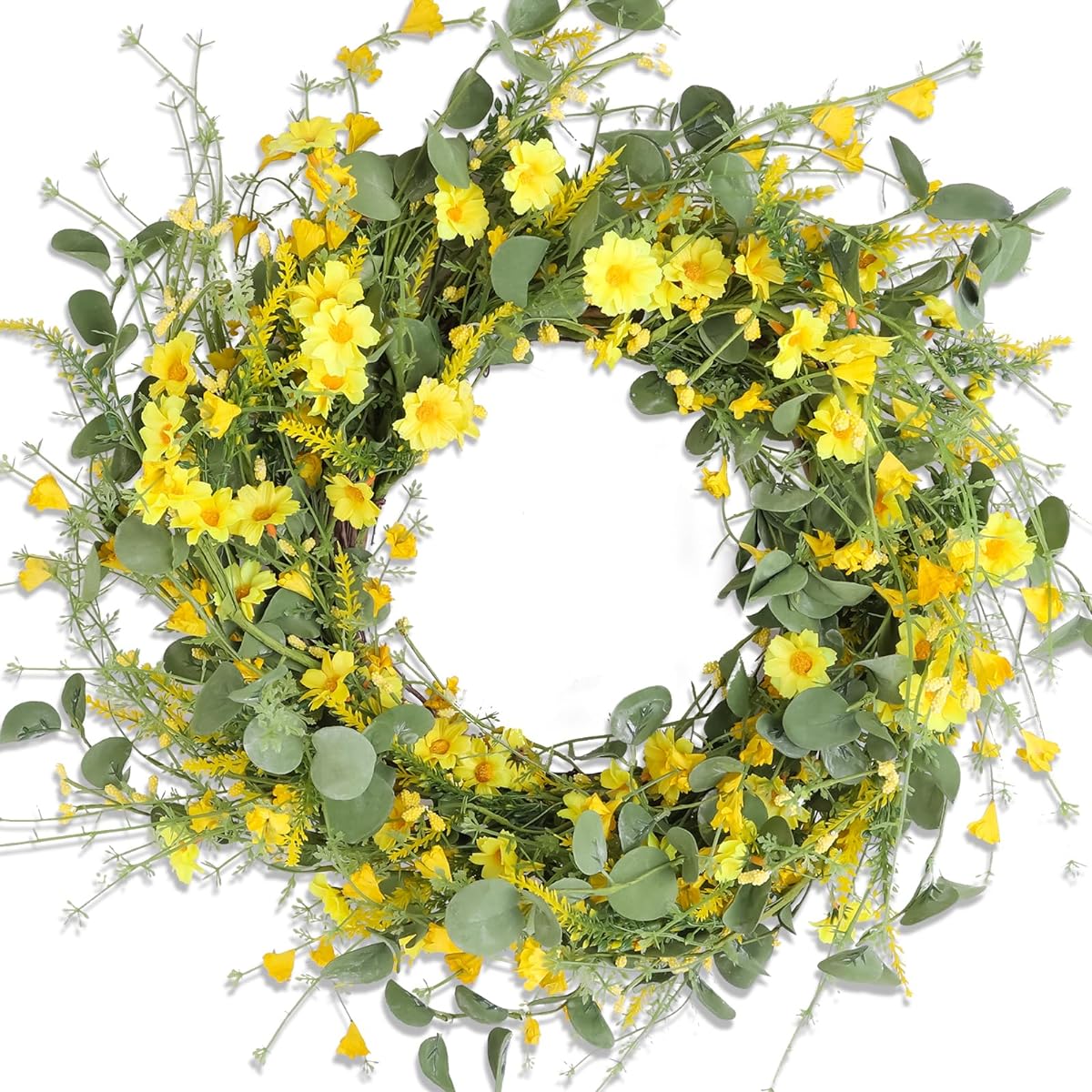 Montekin 22 Inch Yellow Daisy Spring Summer Wreath Green Leaves Wildflower Artificial Wreath for Entrance/Home/Wall/Wedding/Farmhouse/Holiday/Outdoor/Indoor Decor