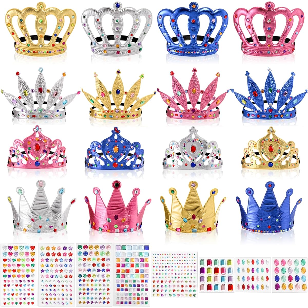 Frcctre 24 Piece Foam Crown Set Foam Princess Tiaras and Crowns Personalized Crown Set with Crystal Diamond Stickers Birthday Party Decorations for Kids and Adults