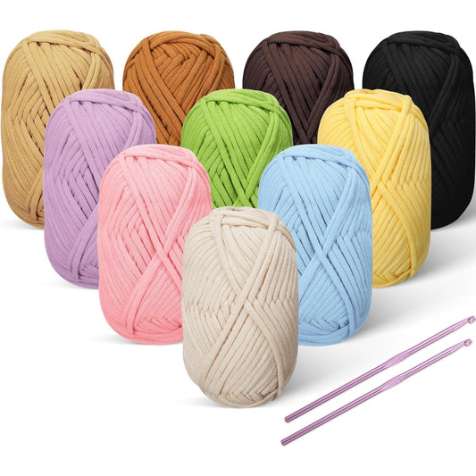 Wesnoy 10 Pieces 50g Beginner Crochet Thick Bulk Crochet Starter Kit with Easy to See Stitches Cotton Beginner Yarn with 2 Knitting Crochet Hooks for Beginner Crochet Knitting Multicolor