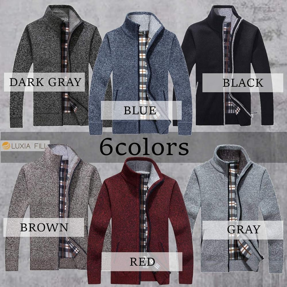 [LUXIA FILL] Men's Knit Cardigan Jacket Sweater Long Sleeve Zip Up High Neck Brushed Lining Warm Stand Collar Plain