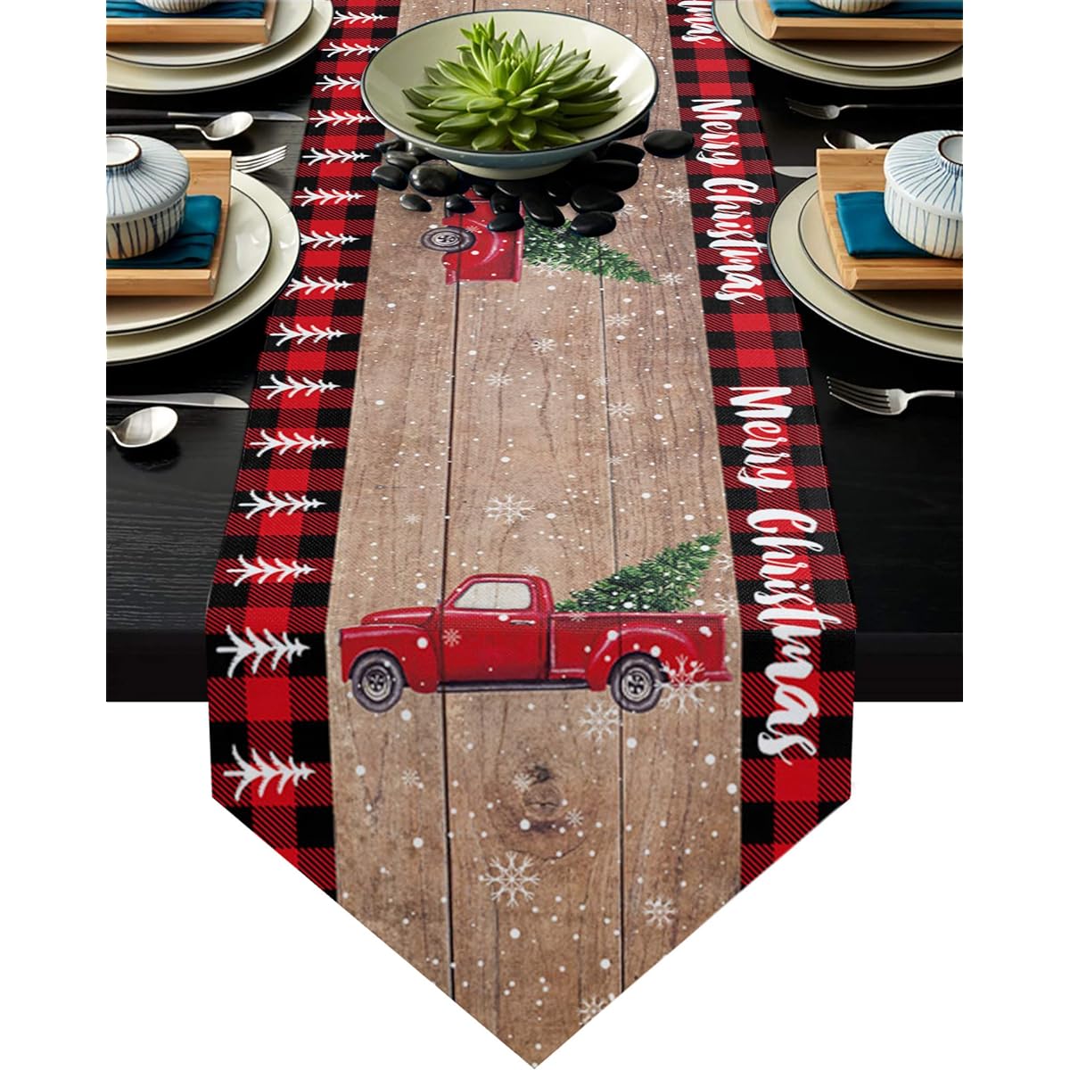 Burlap Table Runner Dresser Scarf Merry Christmas Red Truck Pull Christmas Tree on Retro Wood Board Linen Table Runner Farmhouse Dining Room Coffee Table Runner Wedding Party Decor 16x72 Inch