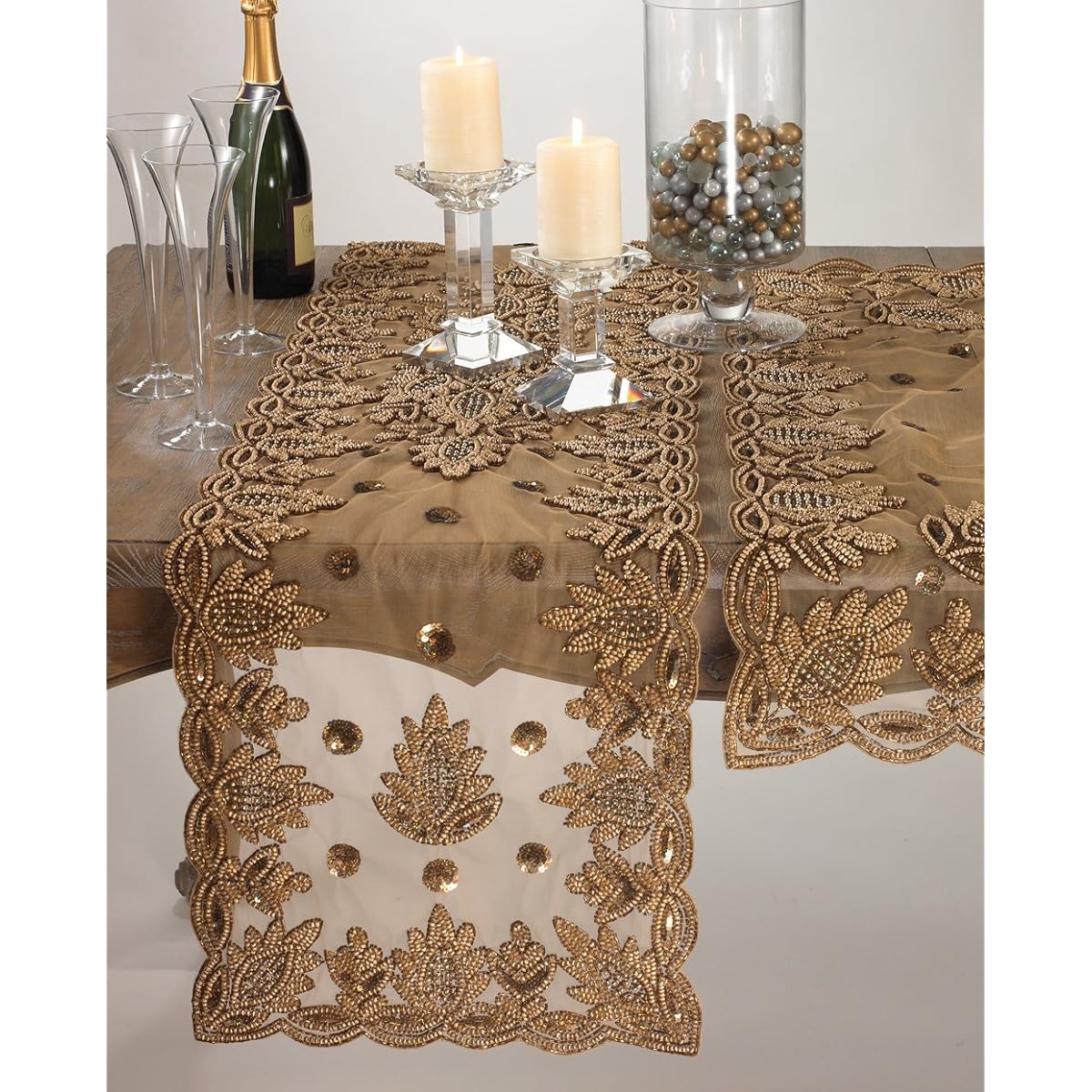 Hand Beaded Gold Tone Sheer Runner, Topper 40" Square Topper, Gold OGSTBD835.GL40S