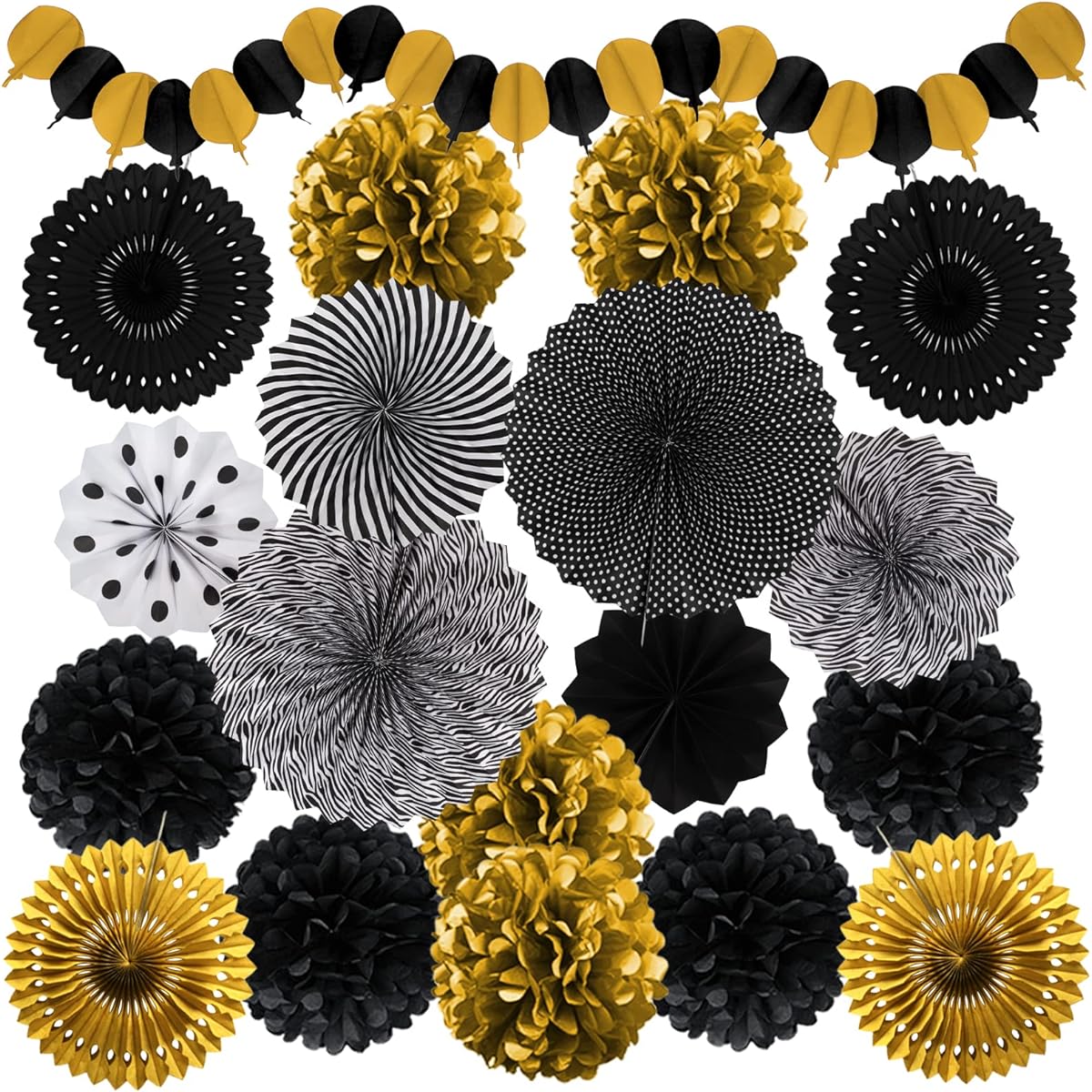 Recosis Black and Gold Decor Paper Pom Pom Fan for Graduation Birthday Wedding Prom Night New Year Black and Gold Party Decorations