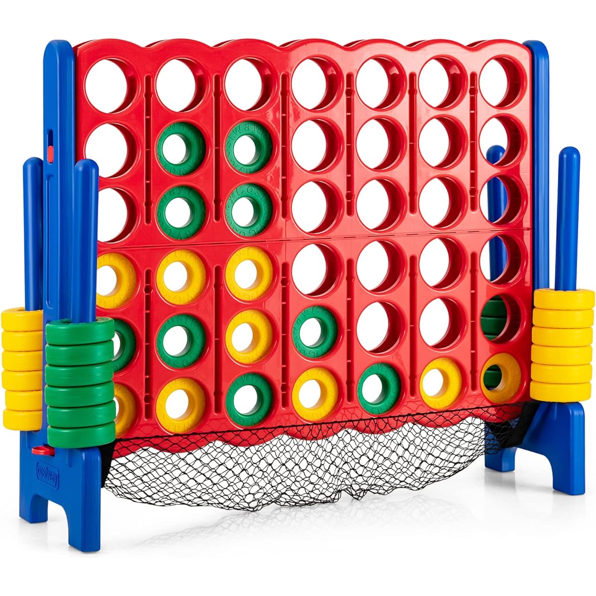 COSTWAY Giant 4 Score Game Set, 42 Chess Pieces, Quick Release Lever & Mesh Pocket, 4 in a Row Backyard Game for Kids & Adults, Perfect for Indoor & Outdoor