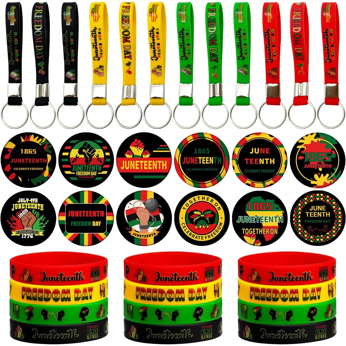 Juneteenth Party Favors Juneteenth Button Pin 36 Pack Juneteenth Rubber Wristbands Juneteenth Rubber Keychains for Freedom Day Goodie Bags African American Juneteenth Party Supplies Decorations