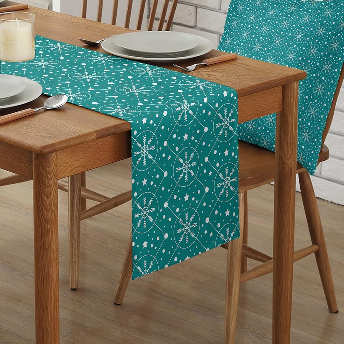 Turquoise Christmas Theme Geometric Square Snowflake Cotton Linen Table Runner Dresser Scarf Rectangle Table Setting Cover for Party Holiday Wedding Farmhouse Kitchen Dinner 13 x 70 Inch